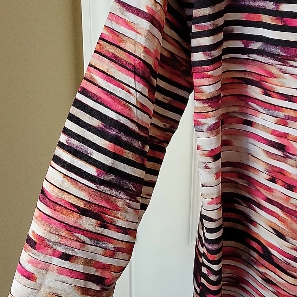Calvin Klein Blouse Large Pink Purple Black White Tan Stripe Military